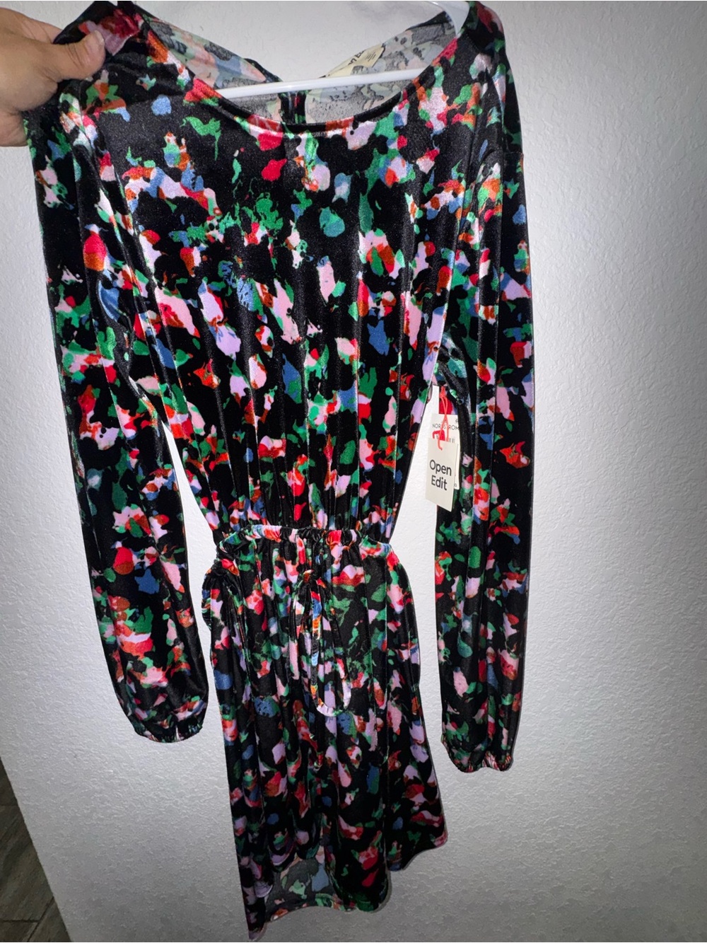 Black Multi-Color Long Sleeve Floral-Print Elastic Waist Dress